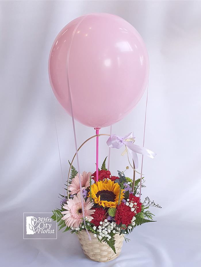urgent flower delivery Balloon delivery with flower basket