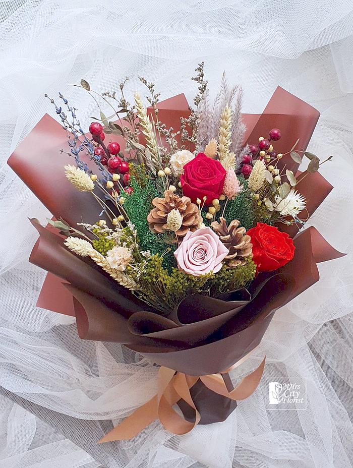 Christmas Bouquet Preserved -  Bright Red Preserved Roses,Dried Pine Cones,Green Fillers - Singapore Preserved Flowers