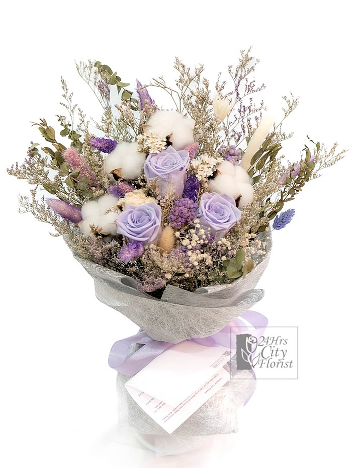 Pastel Delight- A mix of dried flowers and preserved purple roses 