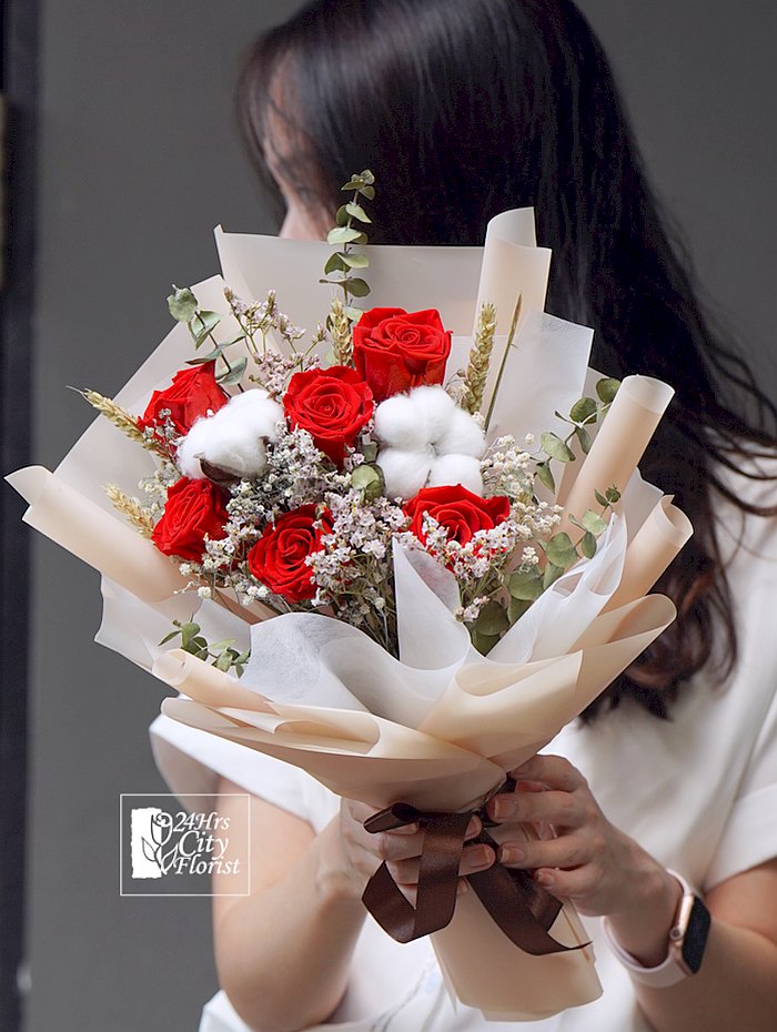 Prima Dona -  Preserved Red Rose,Cotton Flowers,Dried Fillers -  Preserved Flower Bouquet Singapore