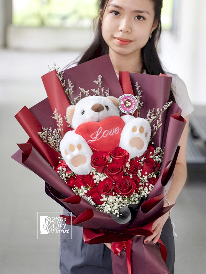 Paws of Passion Roses - Bear In The Bed of Red Roses Valentine Bouquet
