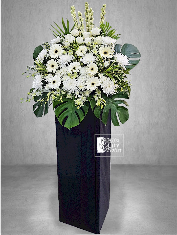All peaceful -  White roses, tuberose, gerbera, chrysanthemum, poms -  Singapore Condolence Flowers