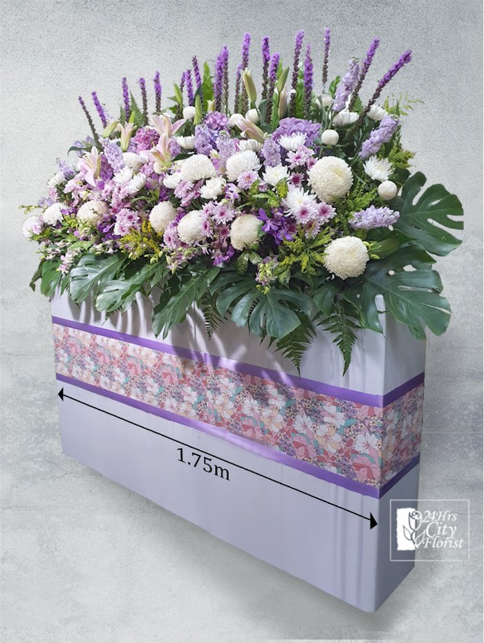 Funeral Flowers Large -  Purple blue hydrangea, pink lilies and liatris, chrysanthemoms, mokara orchids, roses, carnations -  Condolence Flower Delivery 