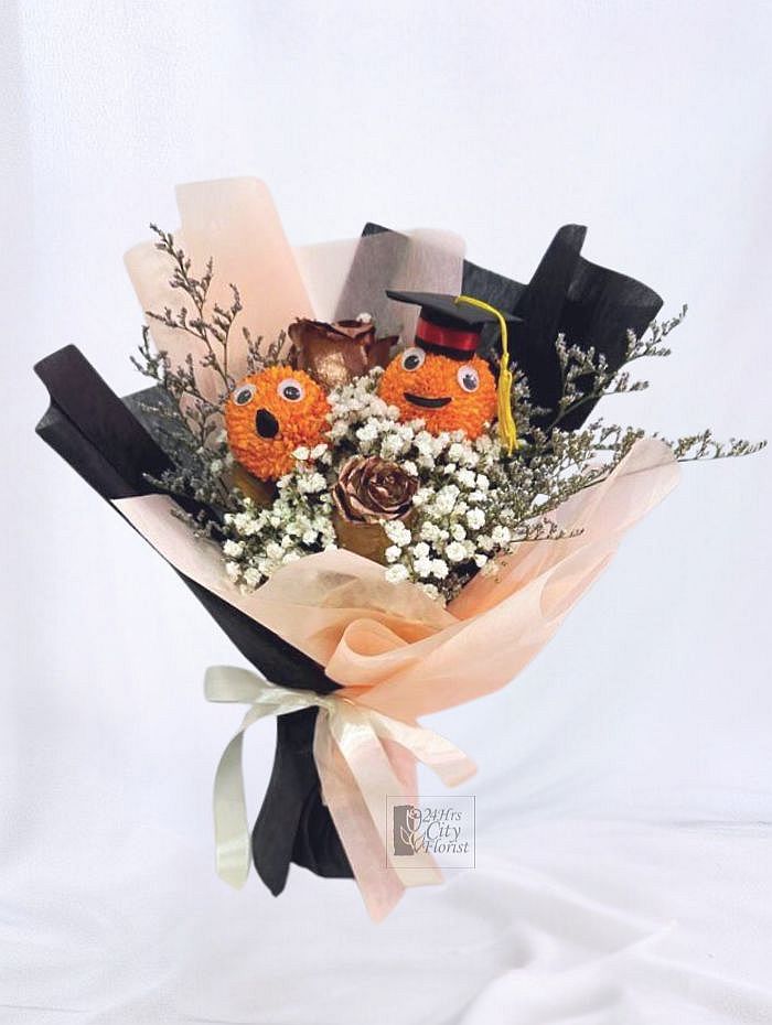 Boo-tiful Blooms - Pumpkin inspired orange chysanthemums arranged with bronze rose in a bouquet