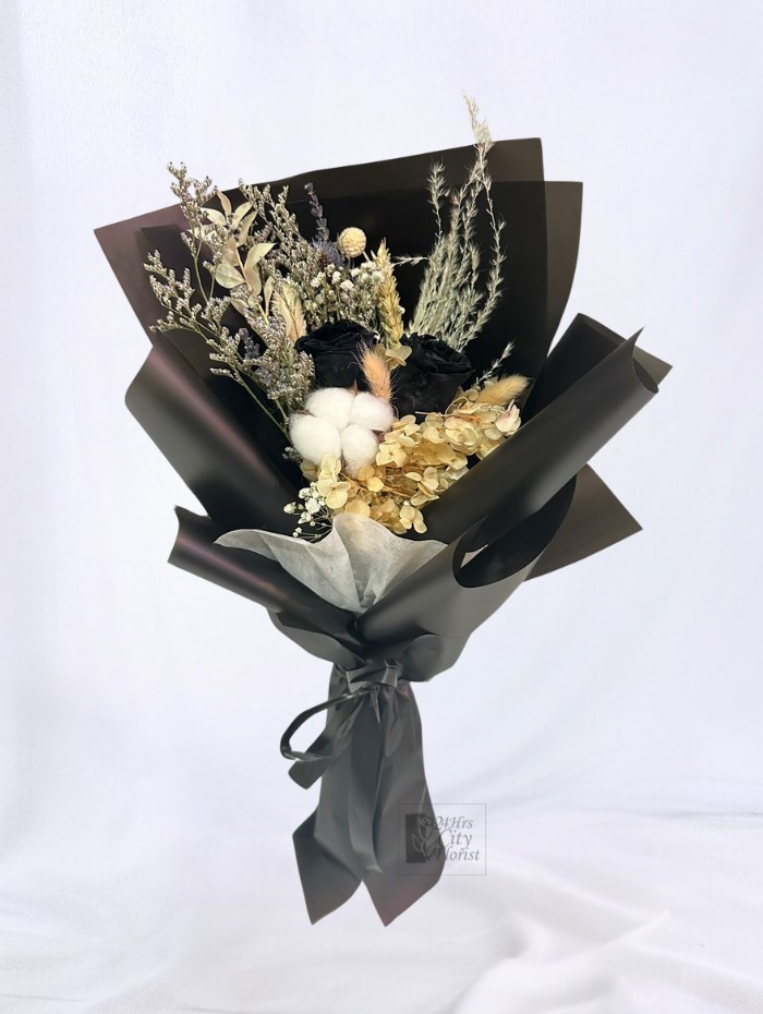 Blackknight Mystery Preserved Rose Bouquet - Black Preserved Rose, Cotton and Dried Flower - Singapore Preserved Bouquet