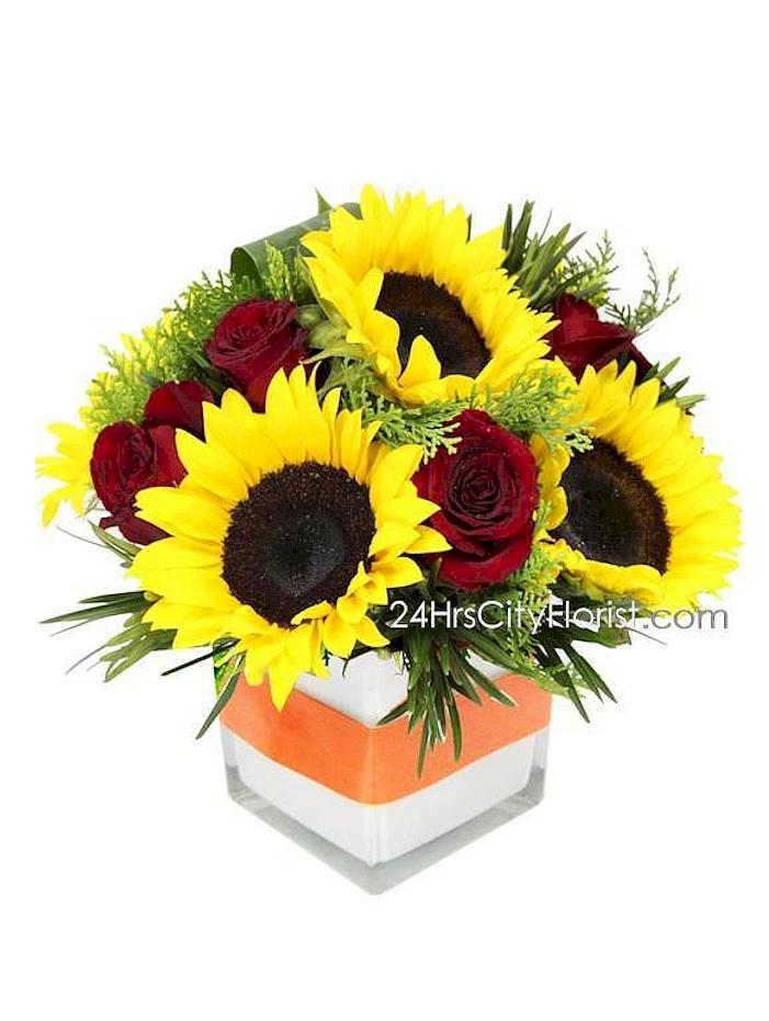 Sunflowers And Red Roses Vase Arrangement