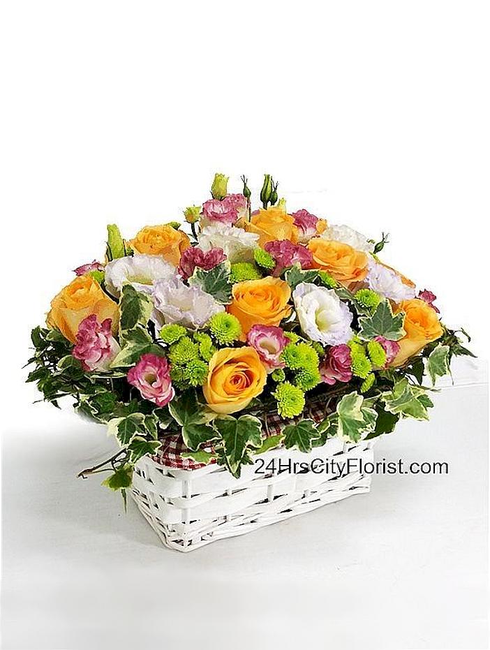 Orange Rose In Basket - Basket Flower - 24Hrs City Florist