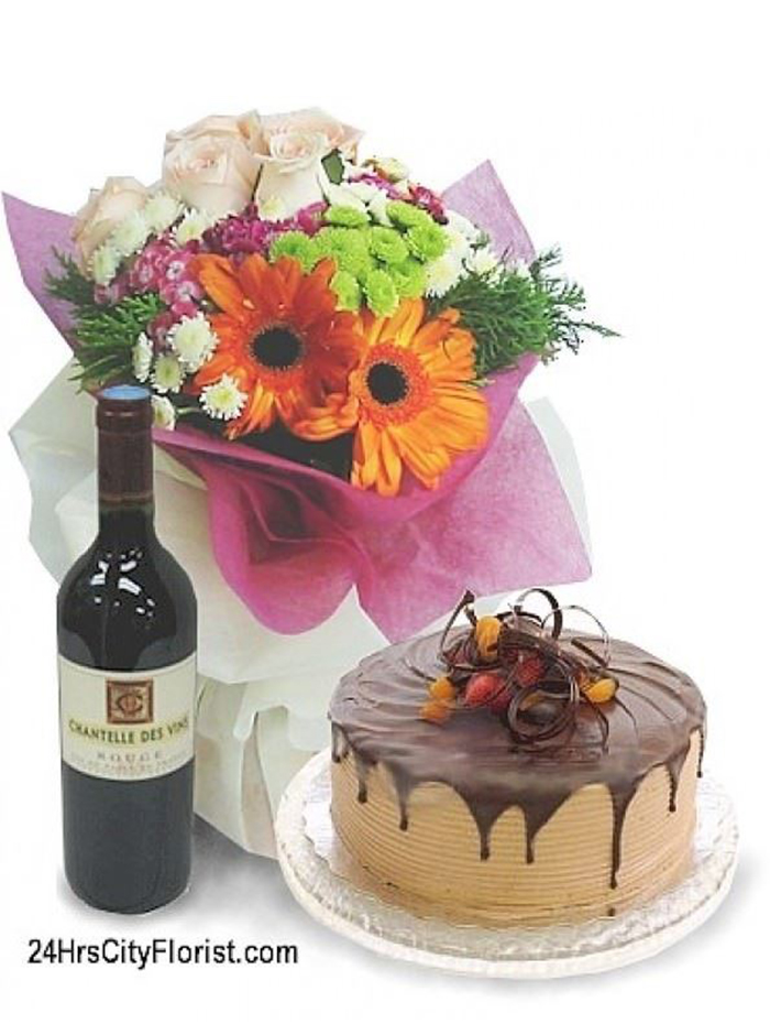 Flower with Wine, Balloon, Chocolate and cake